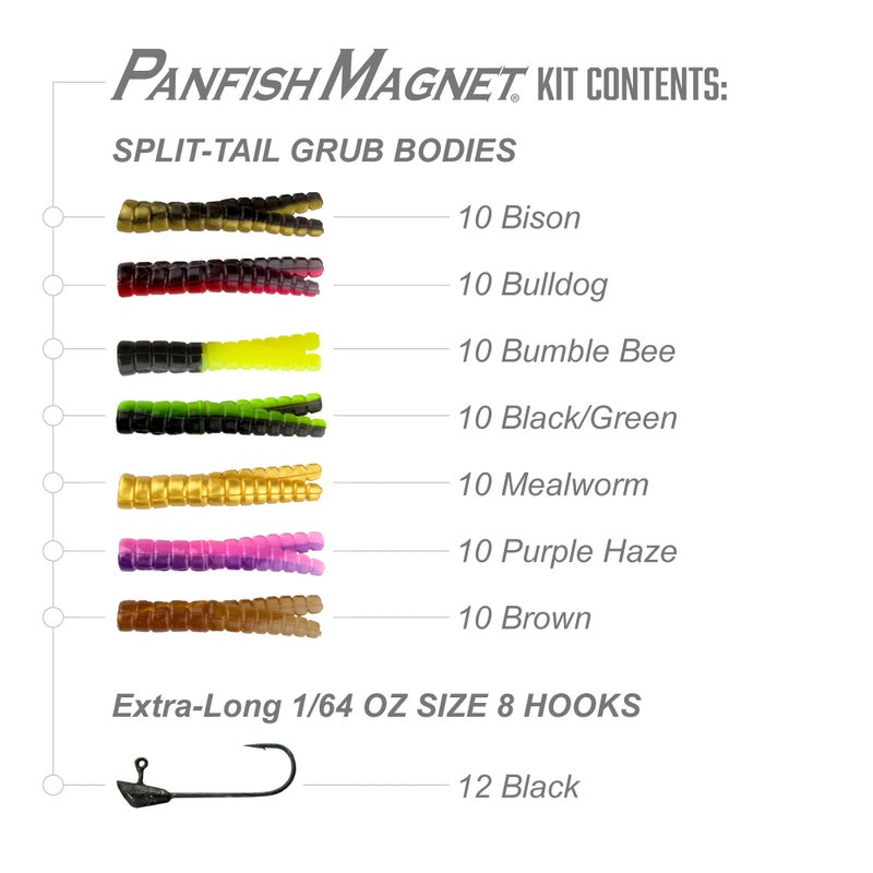 Trout Magnet 82 Piece Panfish Magnet Kit, with A Longer Shad Dart Hook, Includes 70 Split Tail Grub Bodies, 12 Black Size 8 Mustad Hooks, Catches All Types of Fish - Image 2